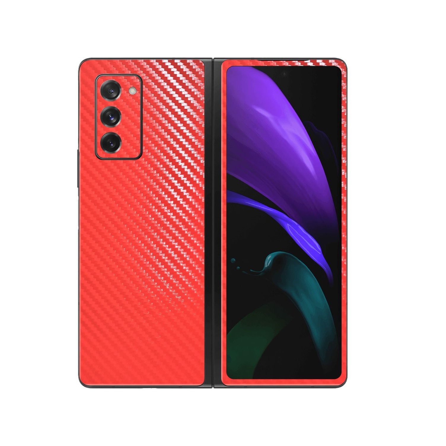 Folie Protectie Carbon Skinz pentru Samsung Galaxy Z Fold 2 5G - Carbon Rosu, Skin Adeziv Full Body Cover pentru Rama Ecran, Carcasa Spate si Laterale