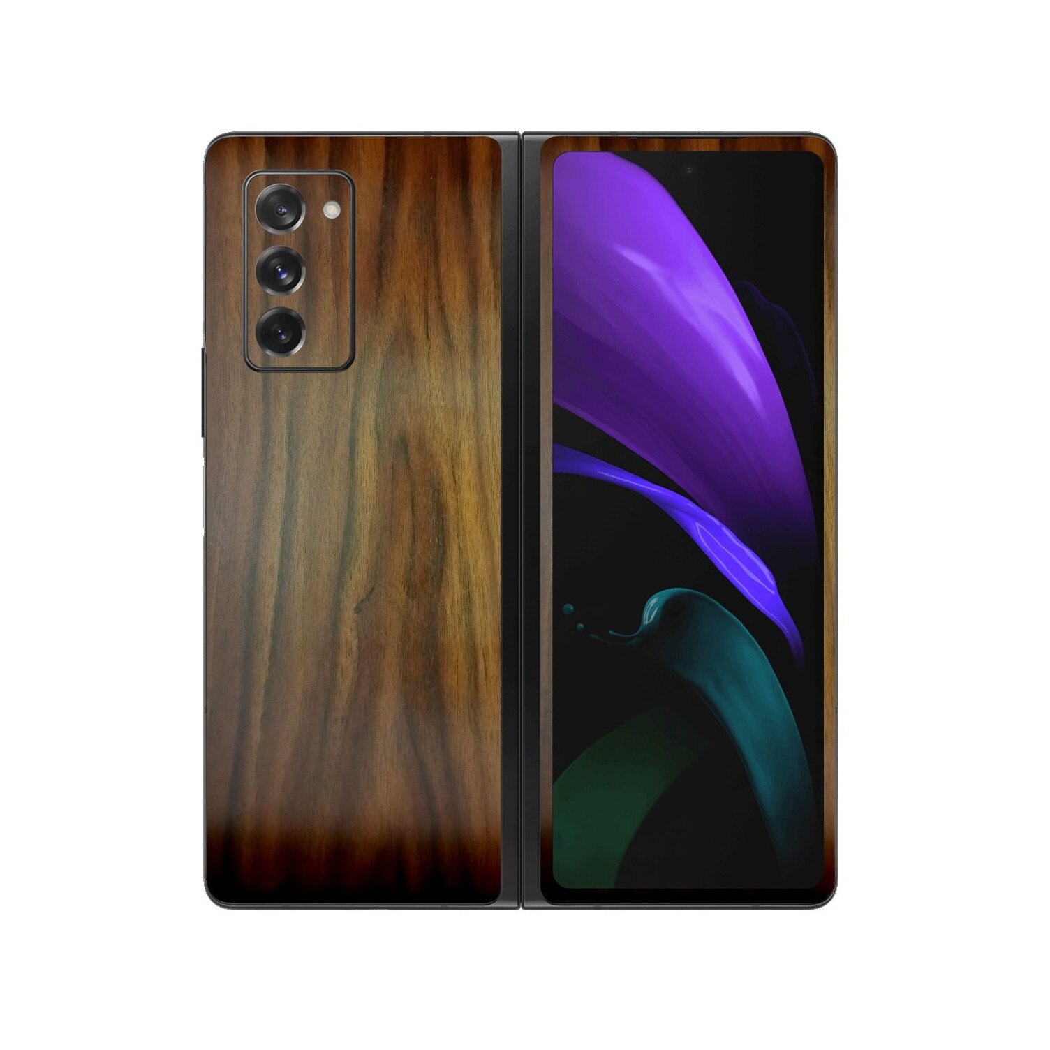 Folie Protectie Carbon Skinz pentru Samsung Galaxy Z Fold 2 5G - Lemn Nuc, Skin Adeziv Full Body Cover pentru Rama Ecran, Carcasa Spate si Laterale