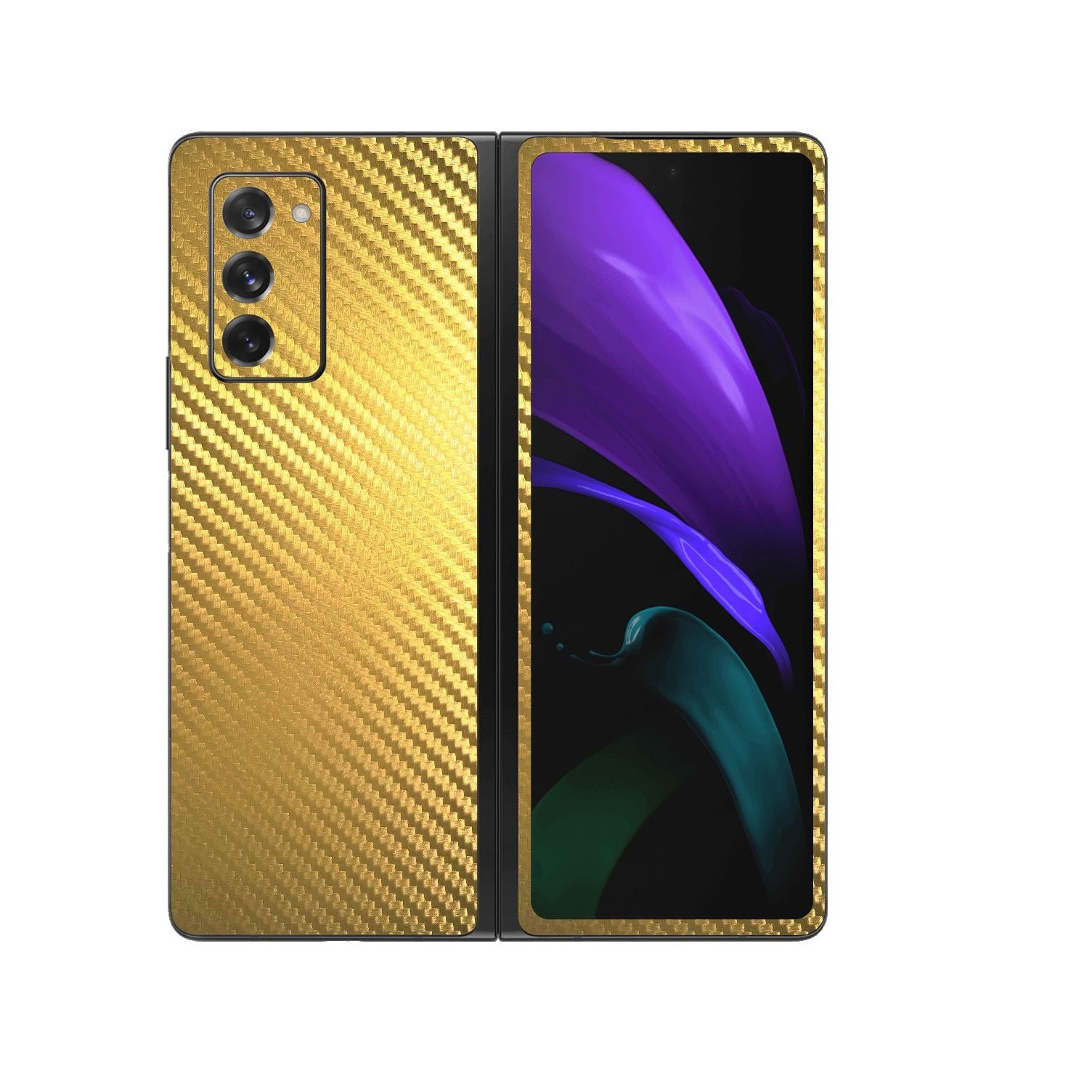 Folie Protectie Carbon Skinz pentru Samsung Galaxy Z Fold 2 5G - Carbon Auriu, Skin Adeziv Full Body Cover pentru Rama Ecran, Carcasa Spate si Laterale