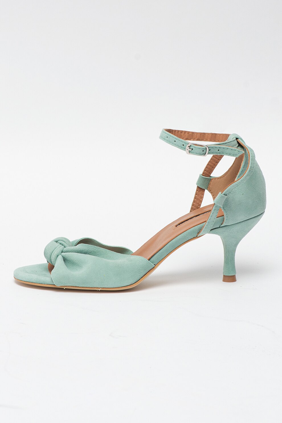Mihaela Glavan, Sandale din piele intoarsa cu toc kitten si nod, Verde menta, 40