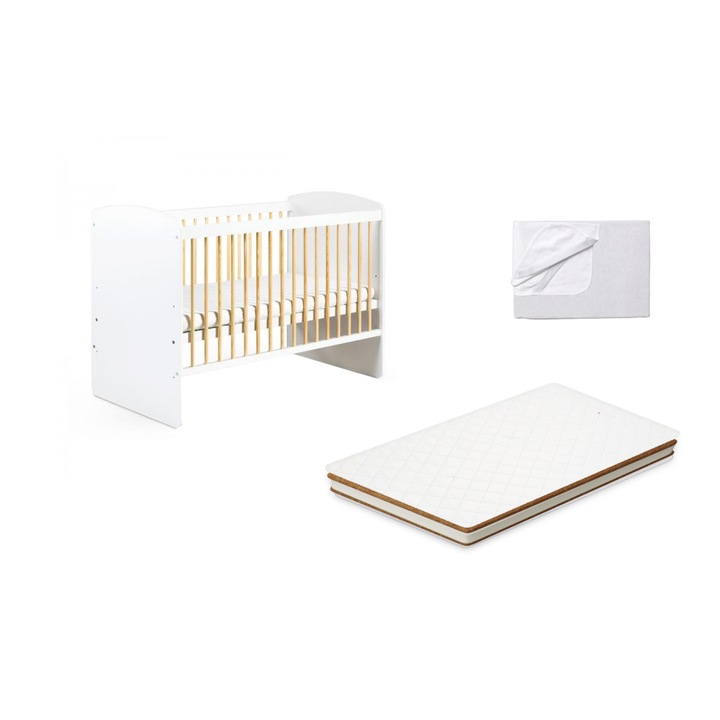 Set 3 Piese Patut bebe Karolina II alb-natur cu saltea cocos 120x60x10 si protectie Impermeabila