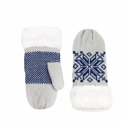 Manusi de dama cu un singur deget, gri deschis, cu model fulg de nea bleumarin, marime universala