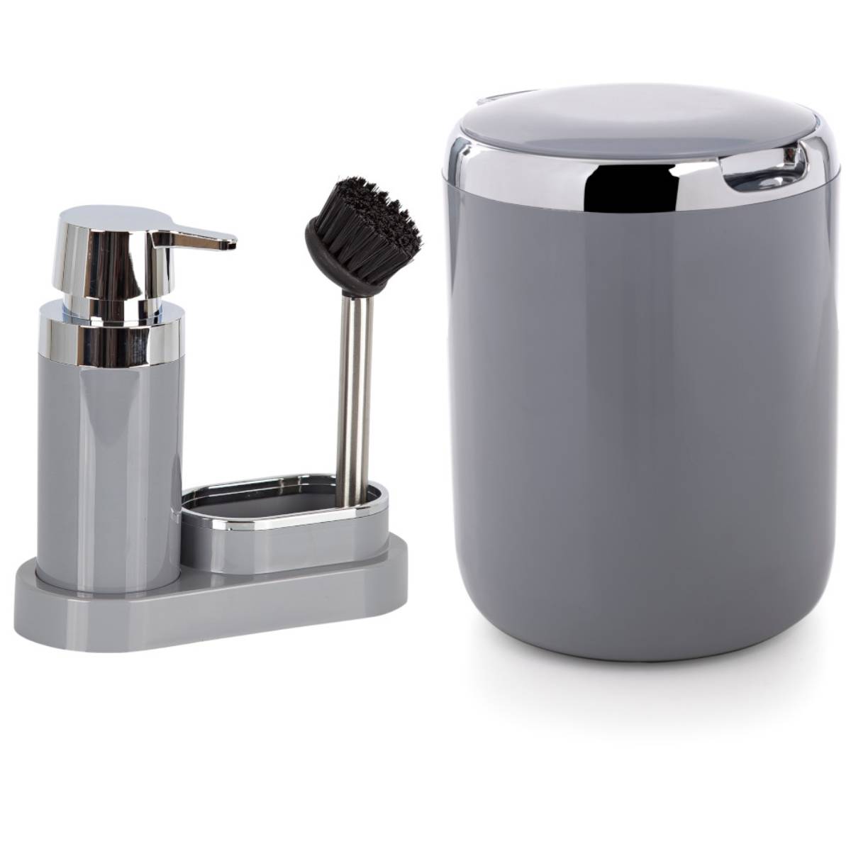 Set de curatenie bucatarie cu dispenser detergent de vase 3 in 1 si cos de gunoi, Gri, 2 piese
