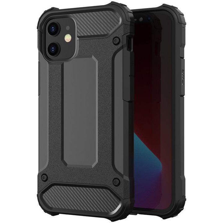 Husa de protectie antisoc Lemontti Armor Carbon pentru iPhone 12 / 12 Pro, Negru