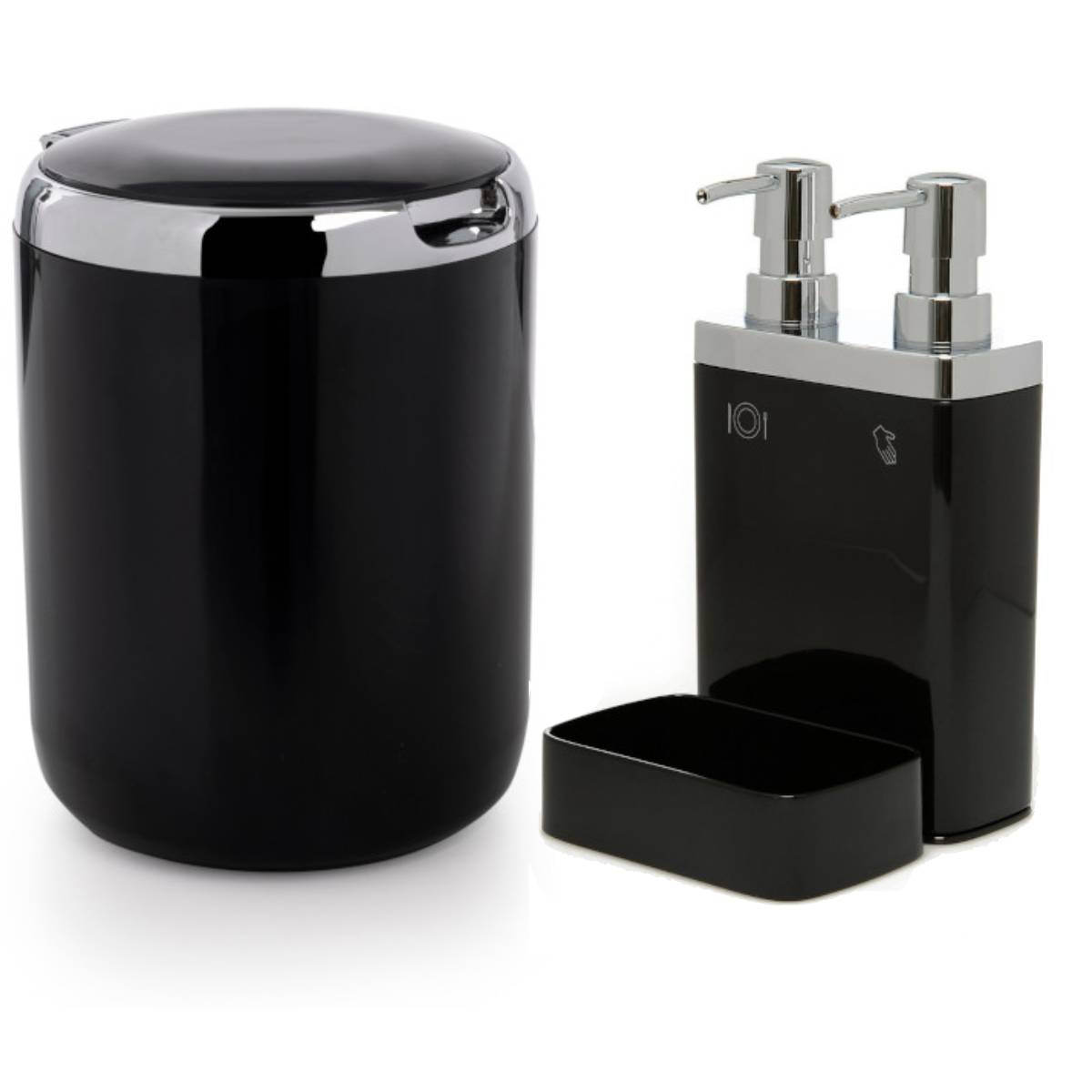 Set Dispenser detergent de vase/ sapun lichid si Cos de gunoi, Negru, 2 piese