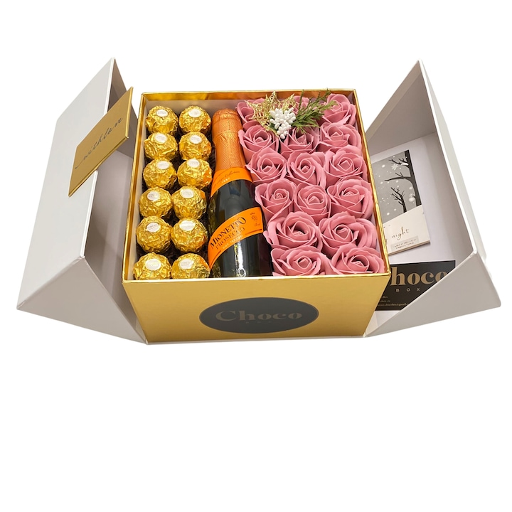 White Gift Box ajándékdoboz nőknek, ChocoBox, rózsákat, Ferrero Rochert és italt tartalmaz