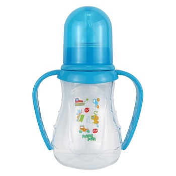 Biberon cu manere decorat 150 ml, Primii Pasi, R0155 bleu Biberon cu manere decorat 150 ml, Primii Pasi, R0155 bleu