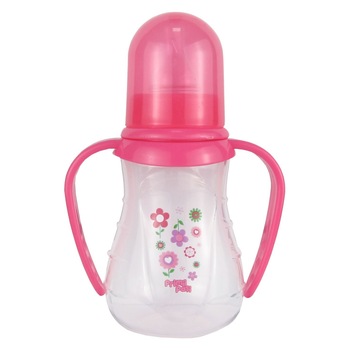 Biberon cu manere decorat 150 ml, Primii Pasi, R0155 roz Biberon cu manere decorat 150 ml, Primii Pasi, R0155 roz