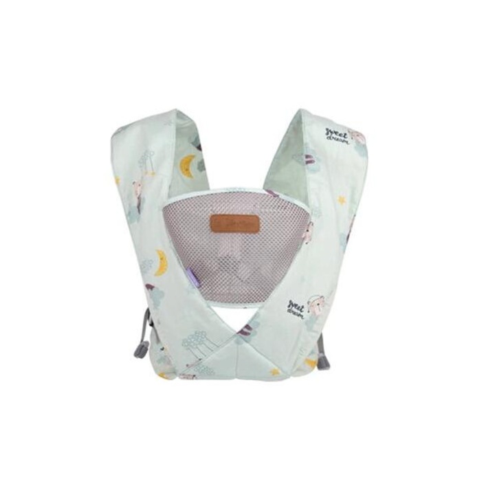Marsupiu ergonomic Lala KiDs pentru bebelusi , varsta 0+ , bumbac cu plasa tip fagure , bretele in X , protectie tip C , culoare verde deschis , model SweetDreams