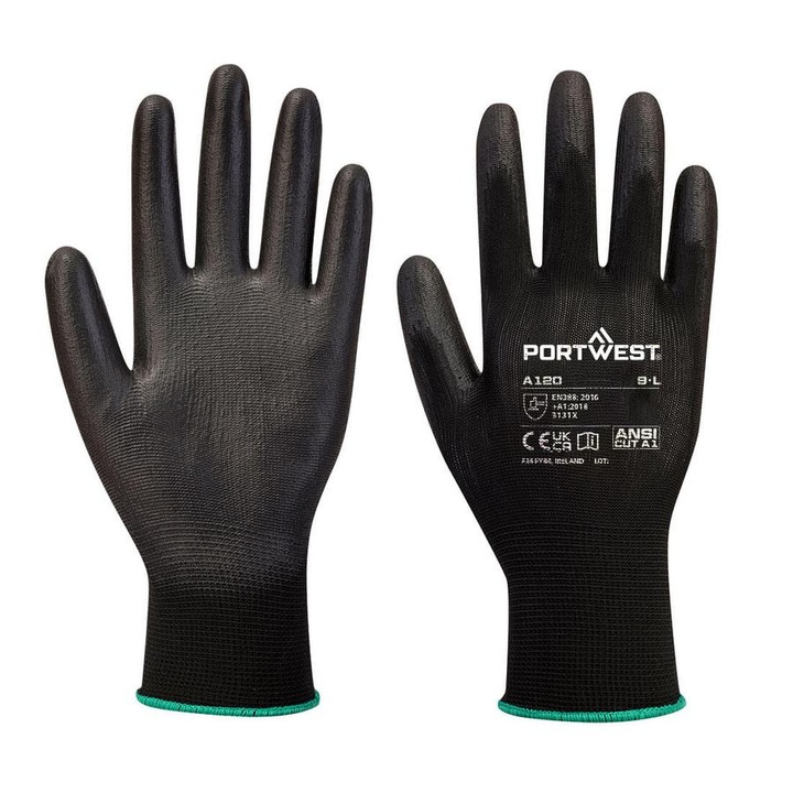 Kesztyű mártott PORTWEST nylon PU tenyérrel fekete 10-es 2 darab/pár