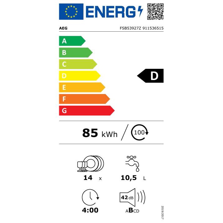 Masina de spalat vase incorporabila AEG FSB53927Z, 14 seturi, 7 programe, Clasa D, Motor Inverter, MaxiFlex, SatelliteClean, QuickSelect, AirDry, 60 cm
