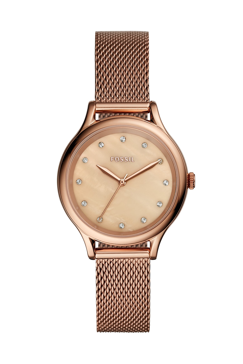Fossil, Ceas rotund cu bratara cu model plasa, Auriu rose