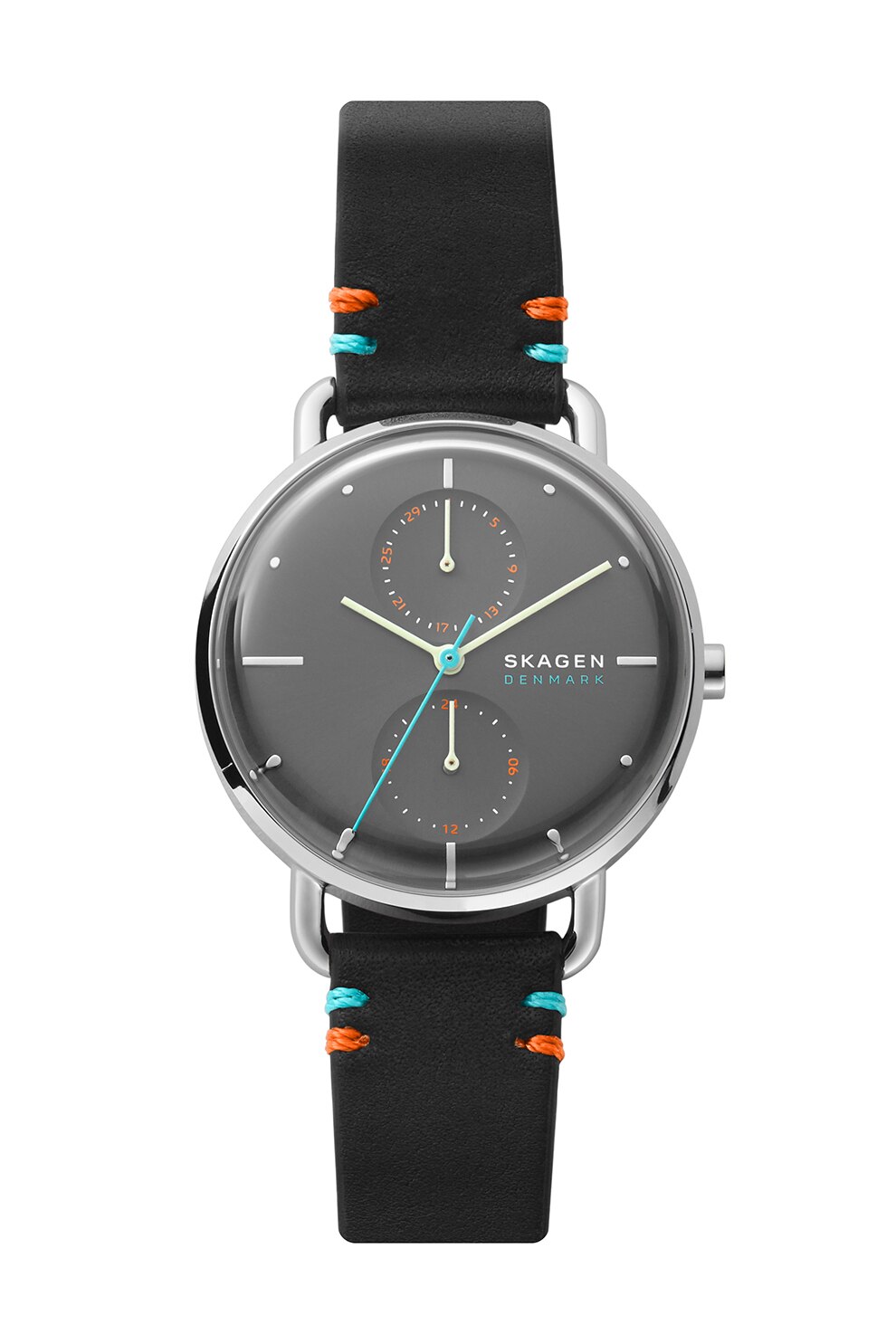 Skagen, Ceas cu functii multiple si o curea din piele, Negru/Argintiu