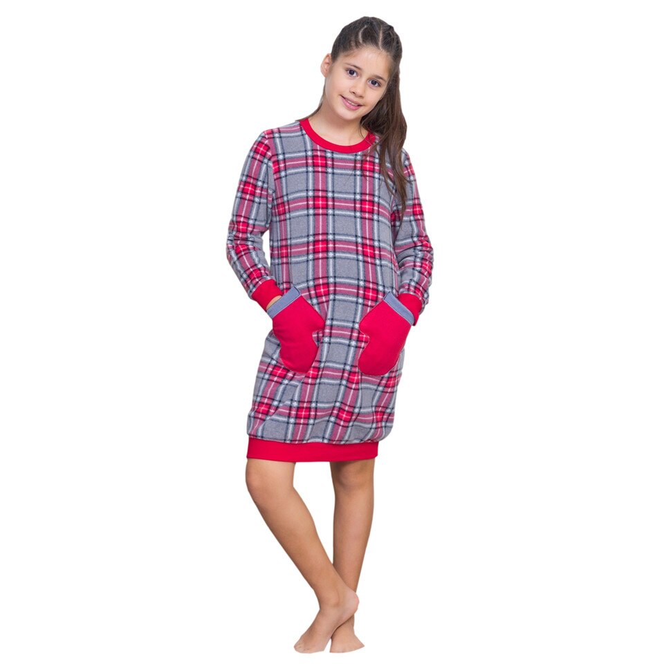 Rochie de pijama fete din poliester cu gluga,Enki,gri si rosu