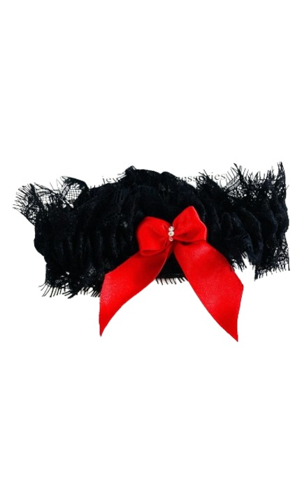 Jartiera din dantela chantilly neagra, lucrata manual, cu fundita rosie si cristal Swarovski, Madamme Bijoux