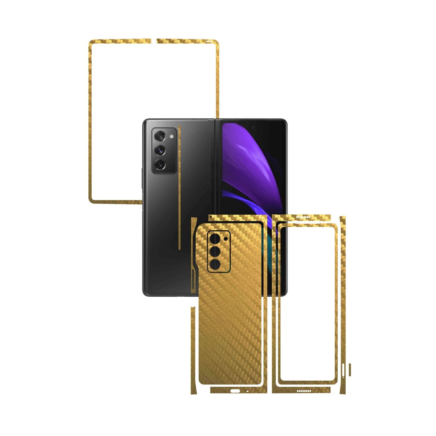 Folie Protectie Carbon Skinz pentru Samsung Galaxy Z Fold 2 5G - Carbon Auriu Split Cut, Skin Adeziv Full Body Cover pentru Rama Ecran, Carcasa Spate si Laterale