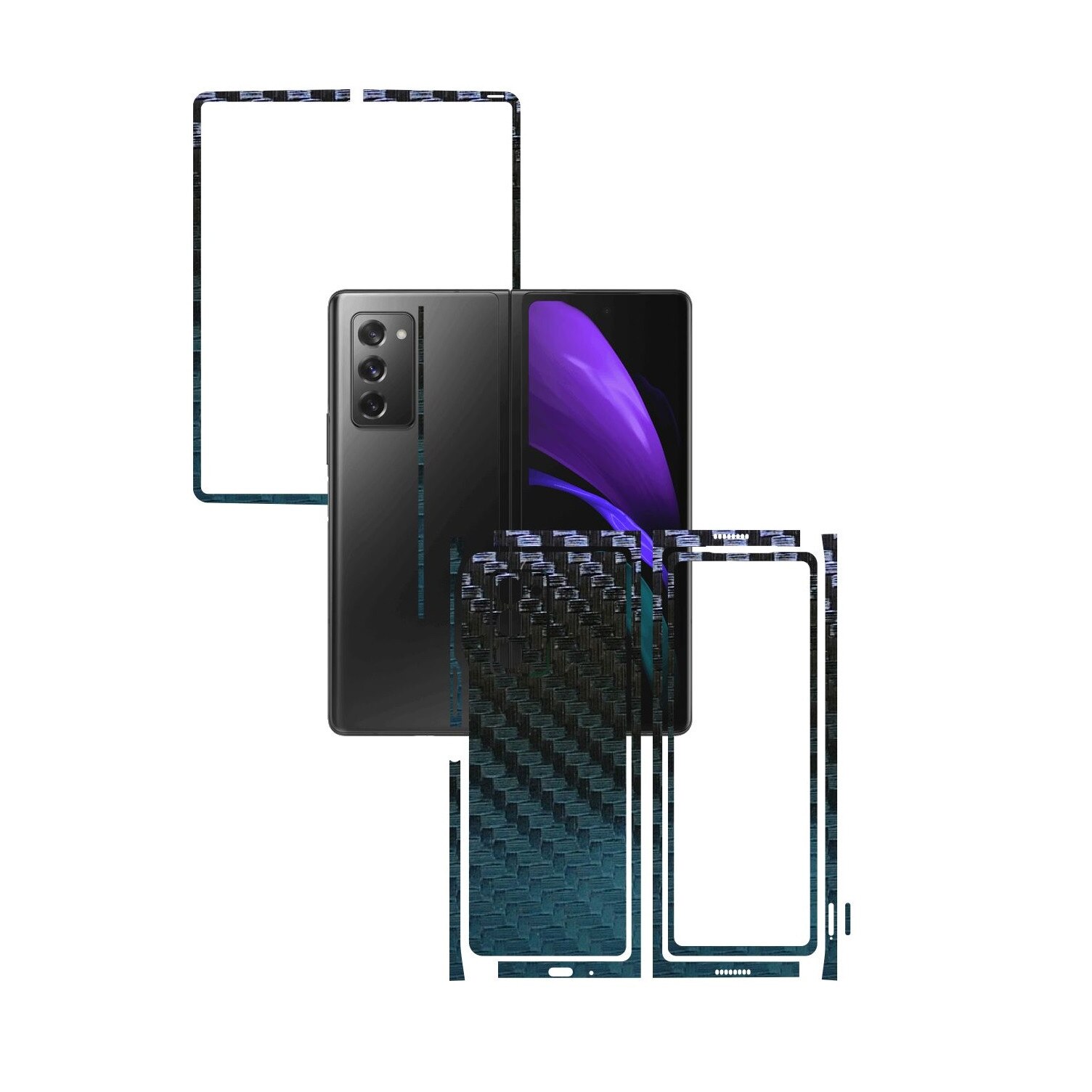 Folie Protectie Carbon Skinz pentru Samsung Galaxy Z Fold 2 5G - Carbon Cameleon Split Cut, Skin Adeziv Full Body Cover pentru Rama Ecran, Carcasa Spate si Laterale