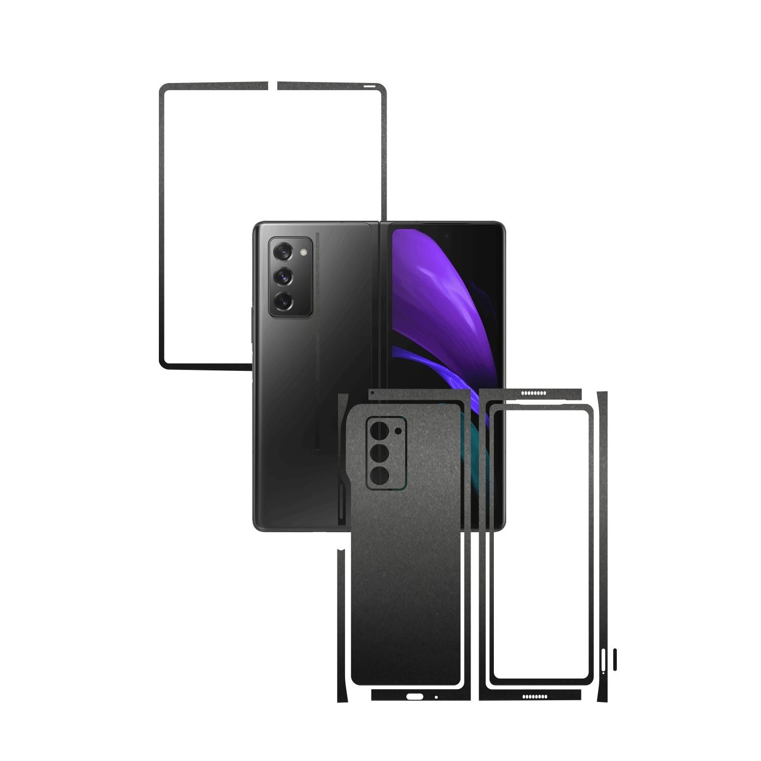 Folie Protectie Carbon Skinz pentru Samsung Galaxy Z Fold 2 5G - Negru Mat Split Cut, Skin Adeziv Full Body Cover pentru Rama Ecran, Carcasa Spate si Laterale