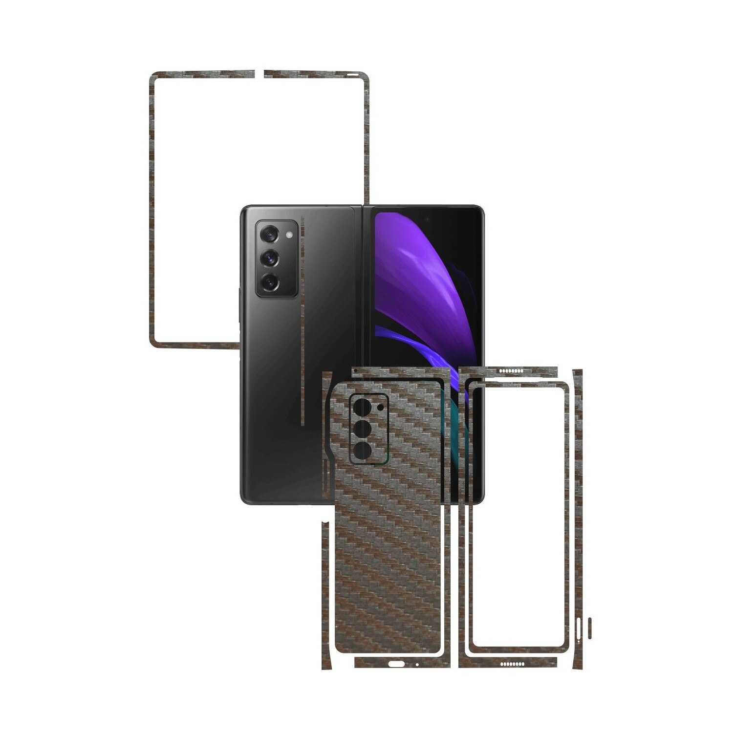 Folie Protectie Carbon Skinz pentru Samsung Galaxy Z Fold 2 5G - Carbon Gri Argintiu Split Cut, Skin Adeziv Full Body Cover pentru Rama Ecran, Carcasa Spate si Laterale