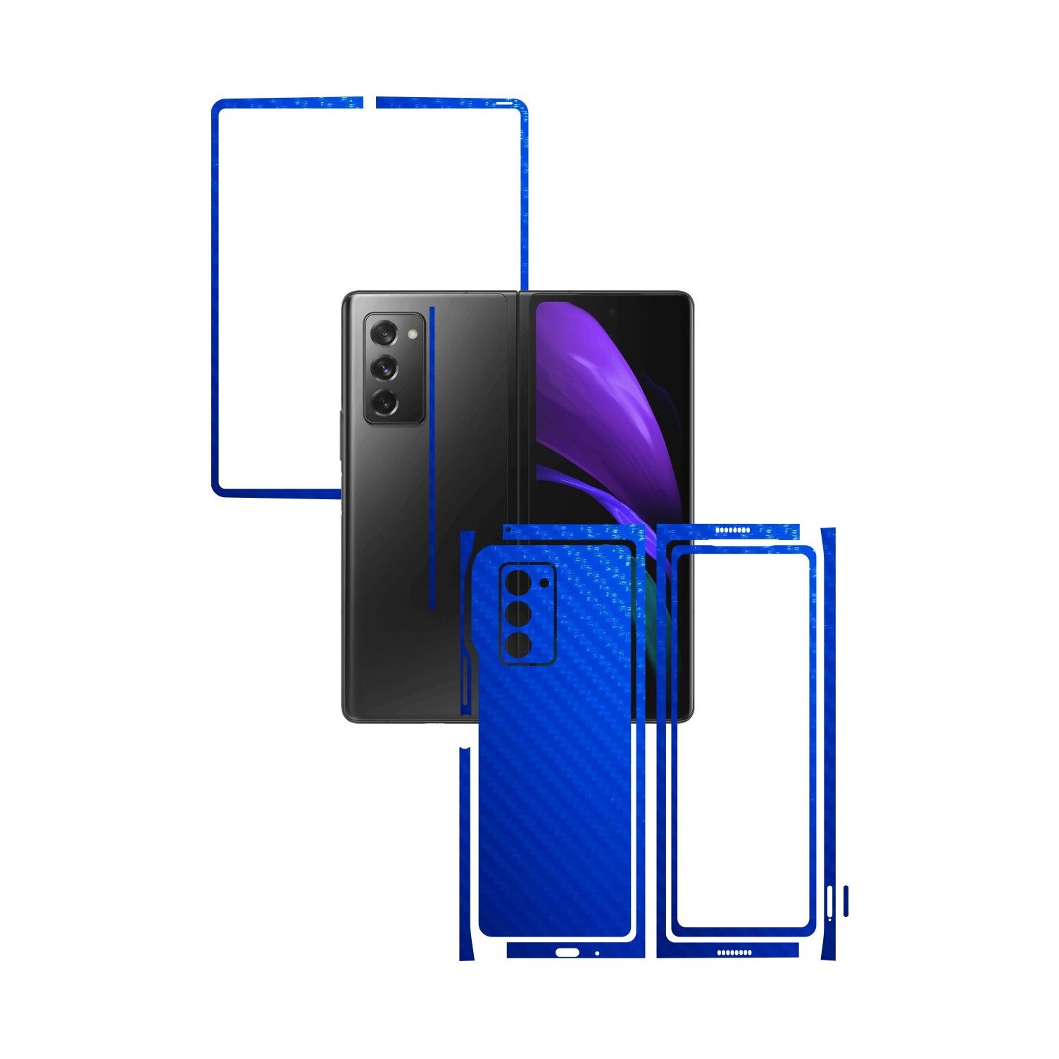Folie Protectie Carbon Skinz pentru Samsung Galaxy Z Fold 2 5G - Carbon Albastru Split Cut, Skin Adeziv Full Body Cover pentru Rama Ecran, Carcasa Spate si Laterale