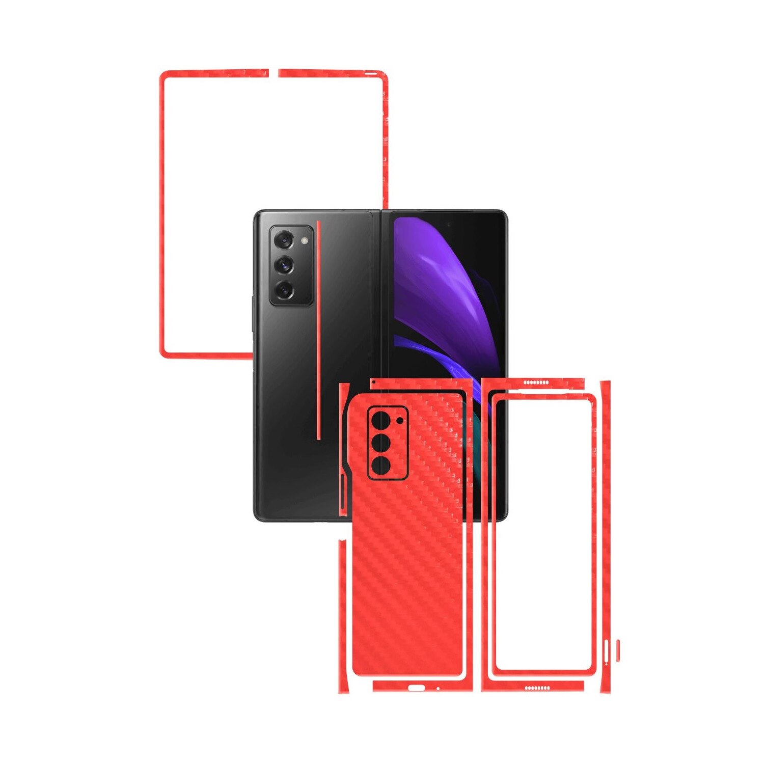 Folie Protectie Carbon Skinz pentru Samsung Galaxy Z Fold 2 5G - Carbon Rosu Split Cut, Skin Adeziv Full Body Cover pentru Rama Ecran, Carcasa Spate si Laterale