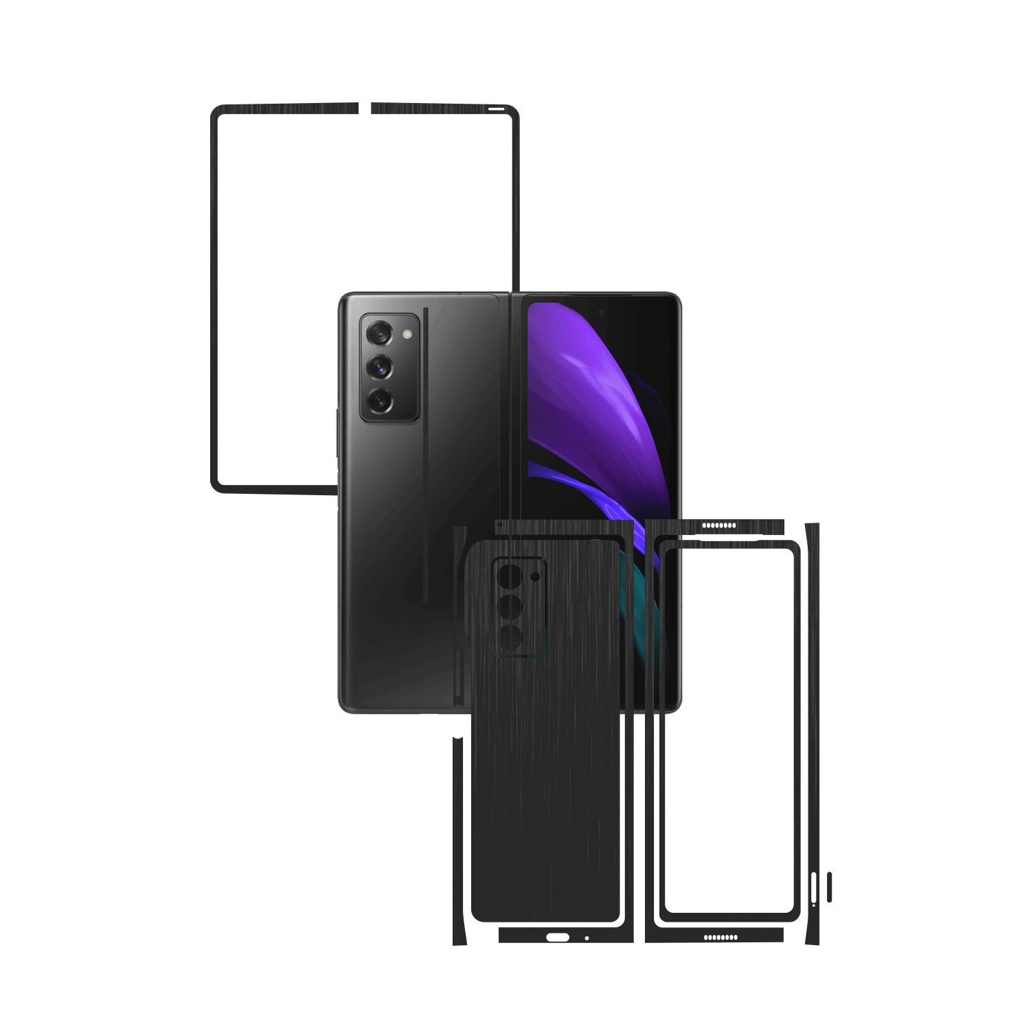 Folie Protectie Carbon Skinz pentru Samsung Galaxy Z Fold 2 5G - Brushed Negru Split Cut, Skin Adeziv Full Body Cover pentru Rama Ecran, Carcasa Spate si Laterale