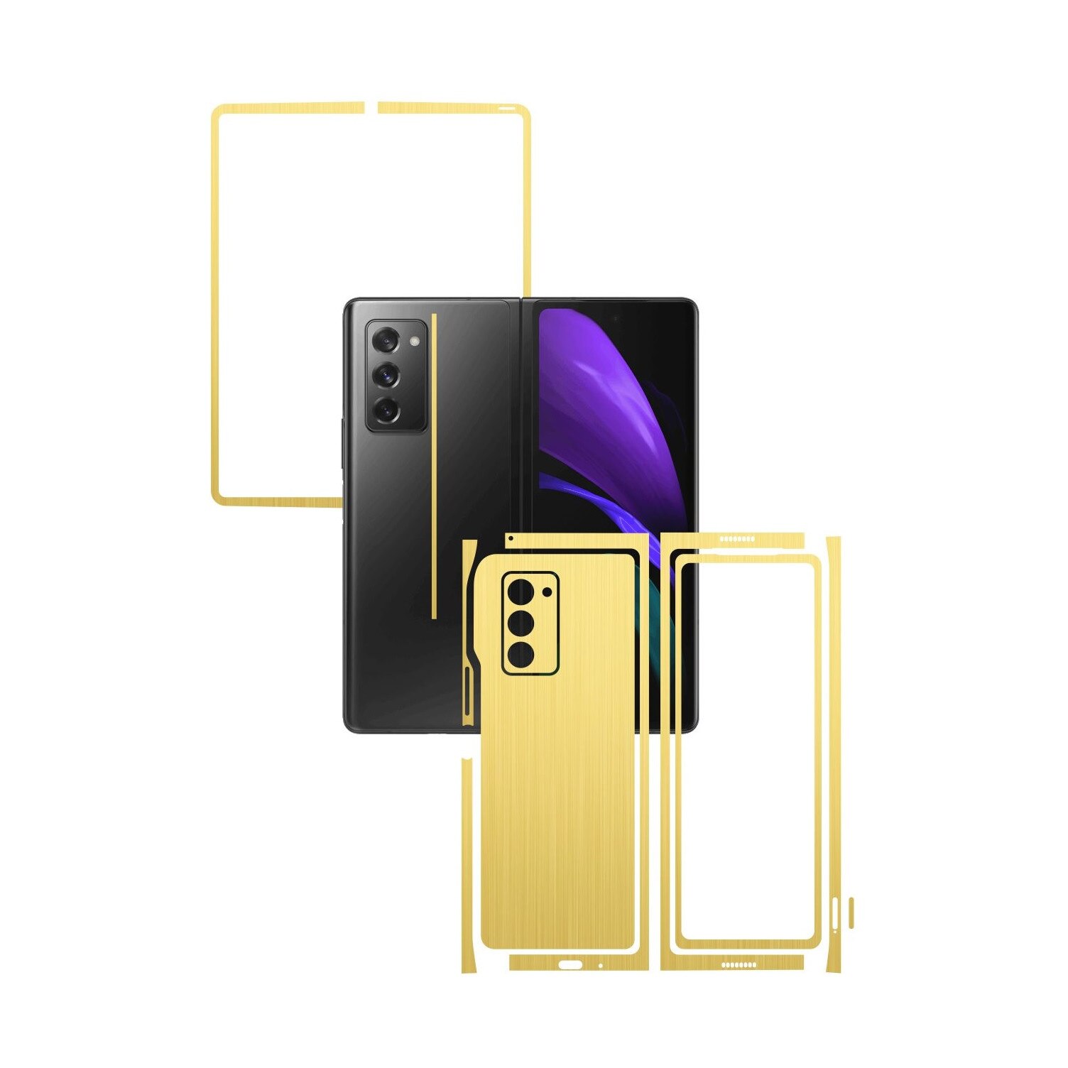 Folie Protectie Carbon Skinz pentru Samsung Galaxy Z Fold 2 5G - Brushed Auriu Split Cut, Skin Adeziv Full Body Cover pentru Rama Ecran, Carcasa Spate si Laterale