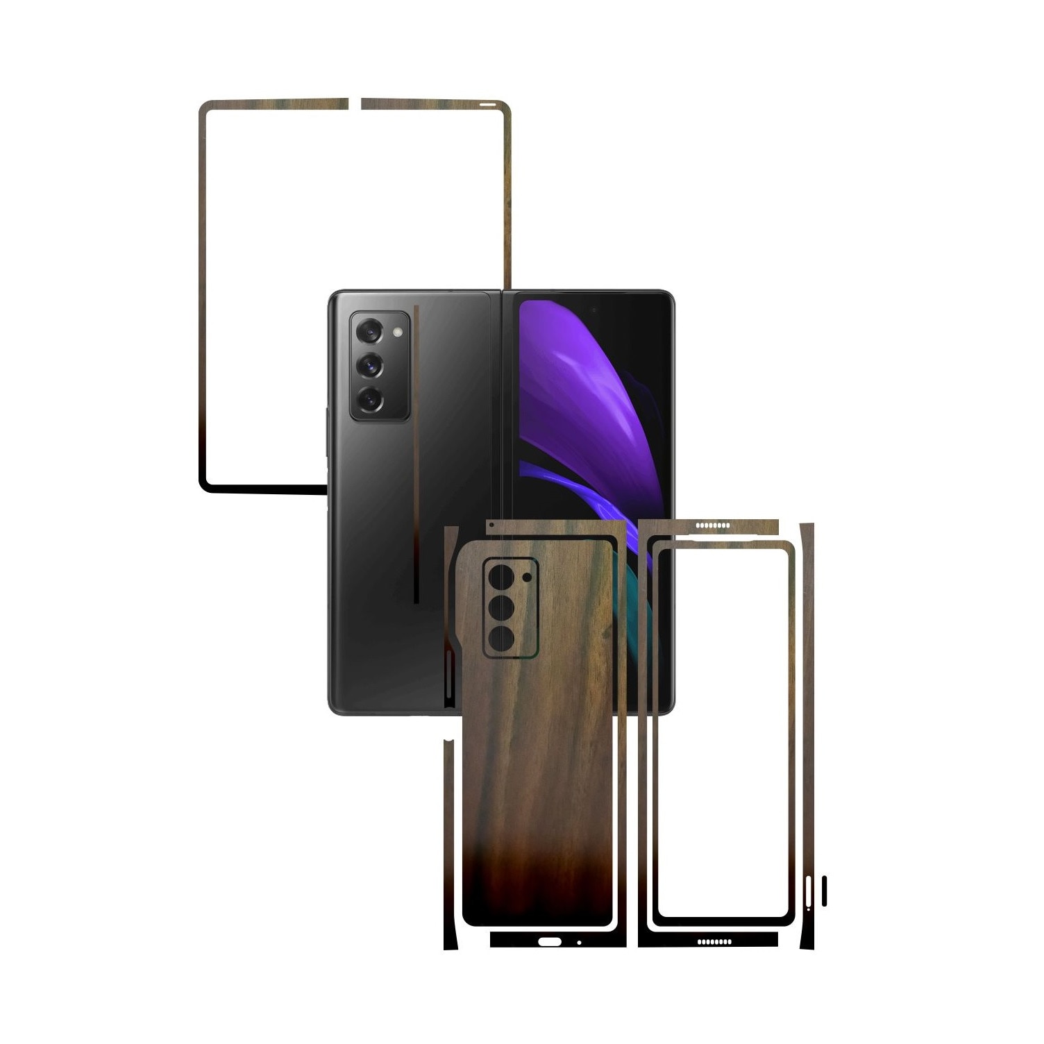 Folie Protectie Carbon Skinz pentru Samsung Galaxy Z Fold 2 5G - Lemn Nuc Split Cut, Skin Adeziv Full Body Cover pentru Rama Ecran, Carcasa Spate si Laterale
