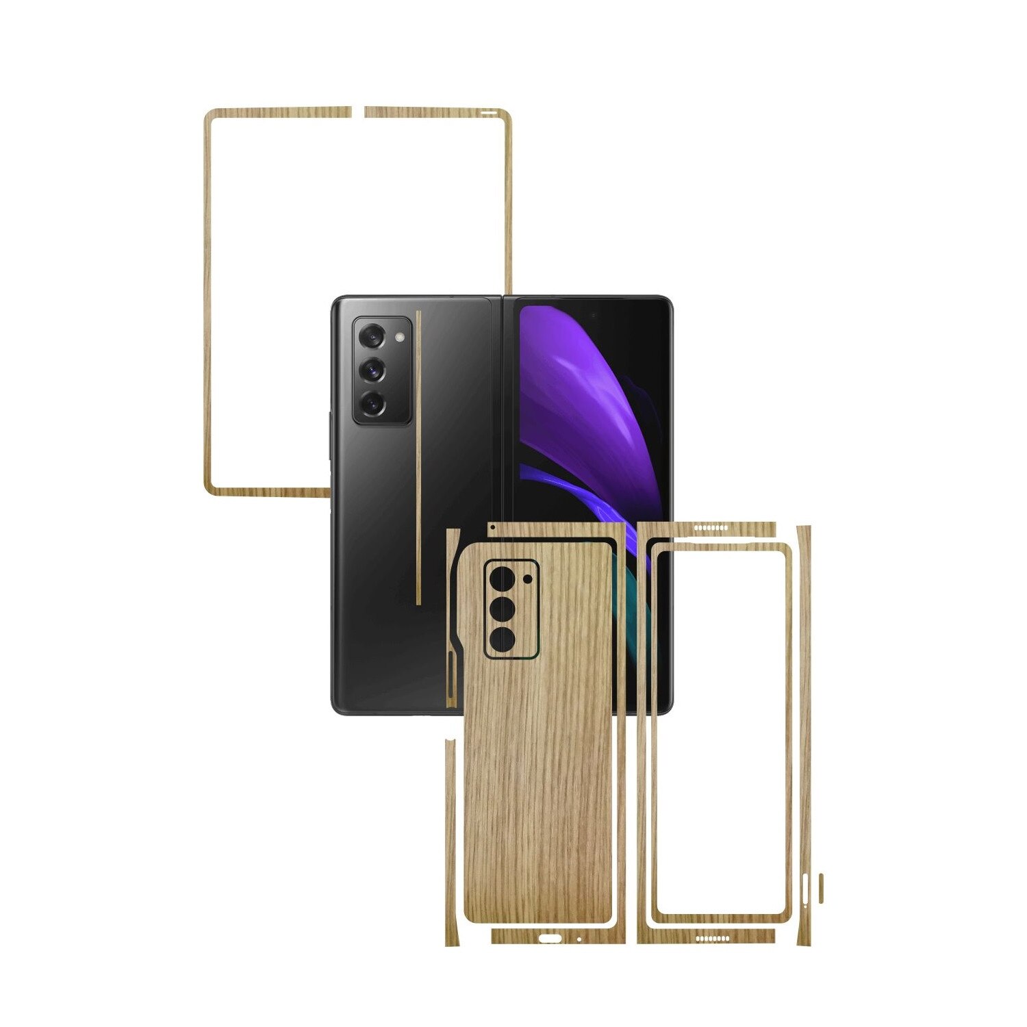 Folie Protectie Carbon Skinz pentru Samsung Galaxy Z Fold 2 5G - Lemn Stejar Split Cut, Skin Adeziv Full Body Cover pentru Rama Ecran, Carcasa Spate si Laterale