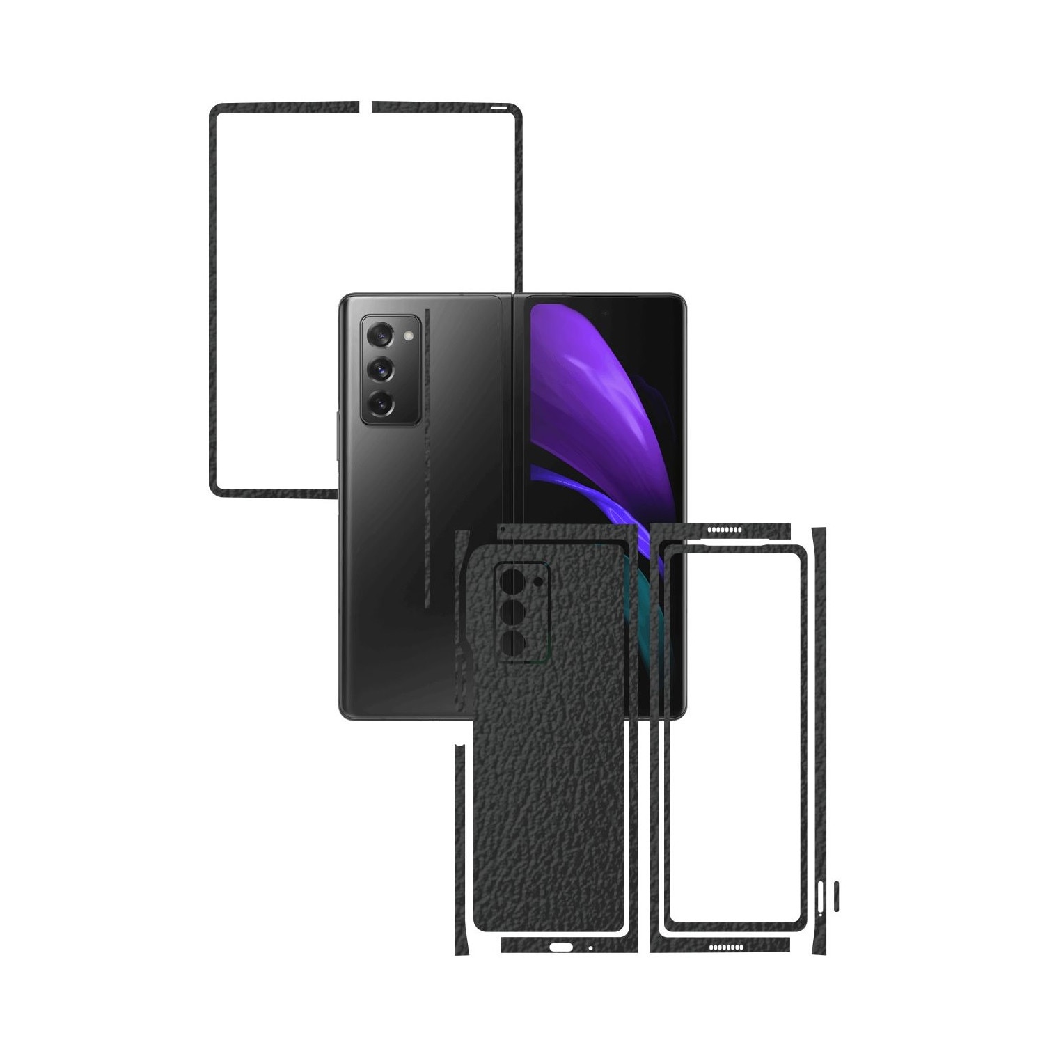 Folie Protectie Carbon Skinz pentru Samsung Galaxy Z Fold 2 5G - Piele Neagra Split Cut, Skin Adeziv Full Body Cover pentru Rama Ecran, Carcasa Spate si Laterale