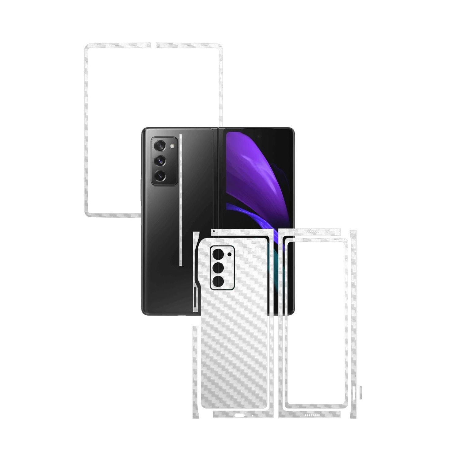 Folie Protectie Carbon Skinz pentru Samsung Galaxy Z Fold 2 5G - Carbon Alb Split Cut, Skin Adeziv Full Body Cover pentru Rama Ecran, Carcasa Spate si Laterale