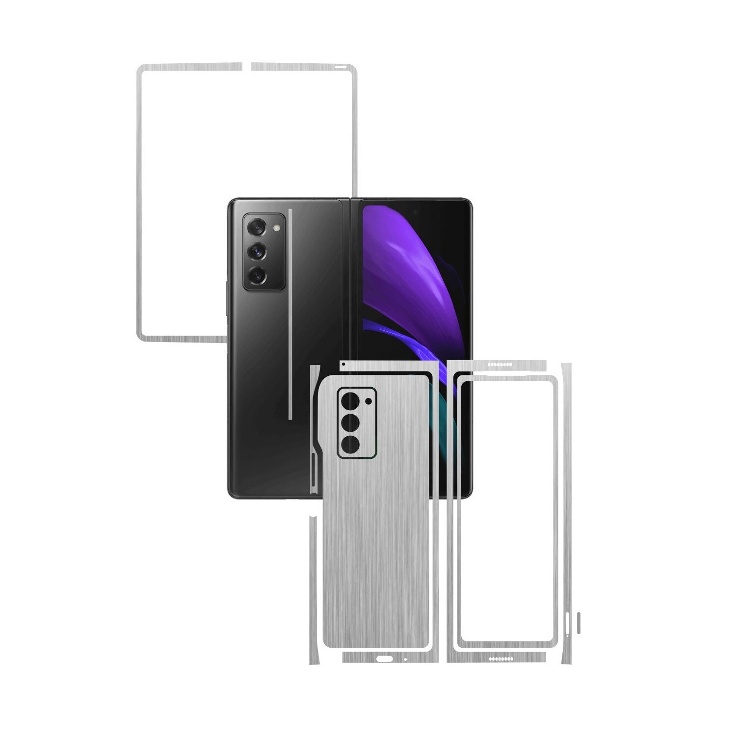Folie Protectie Carbon Skinz pentru Samsung Galaxy Z Fold 2 5G - Brushed Argintiu Split Cut, Skin Adeziv Full Body Cover pentru Rama Ecran, Carcasa Spate si Laterale