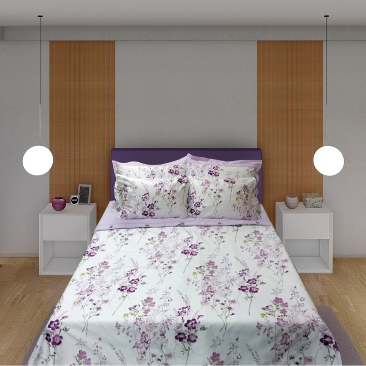 Двойно спално бельо Diana, лилаво/многоцветно, 100% двойно сатениран памук (1 плик за завивка 180x220, 1 чаршаф 240x260, 2 декоративни възглавници 50x70)