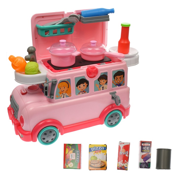 Set bucatarie si autobuz de jucarie sunete si lumini pentru copii, 18 accesorii - W018