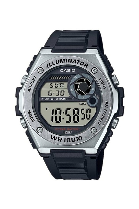 Casio, Цифров часовник с каишка от смола, Черен / Сребрист