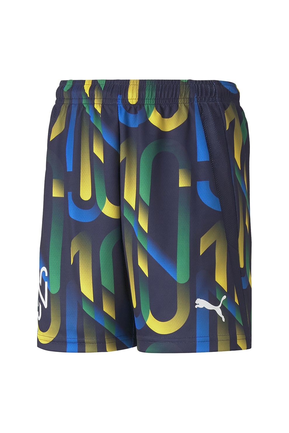 Puma, Pantaloni scurti cu imprimeu, pentru fotbal Hero, Bleumarin inchis/Galben/Alb