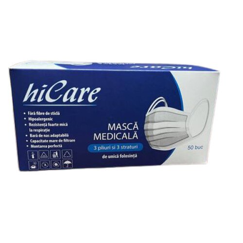 Cutie 50 masti medicale, BFE>99%, 3 straturi, 3 pliuri, tija metalica, albastru-mov, fabricate in Romania