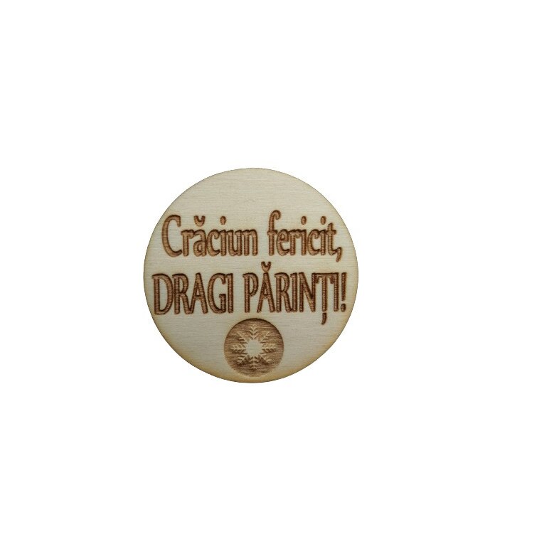 Magnet de frigider, Lemn, Personalizat, Craciun fericit, dragi parinti, 4.3x4.3 cm