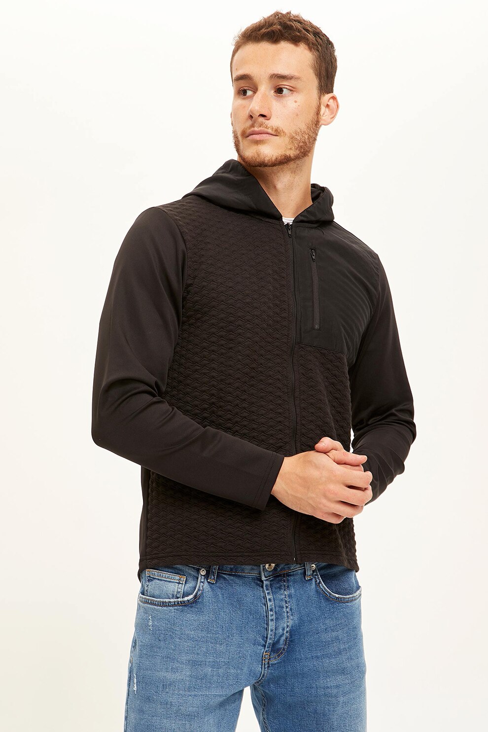 DeFacto, Hanorac cu fermoar si segmente cu model texturat, Negru stins