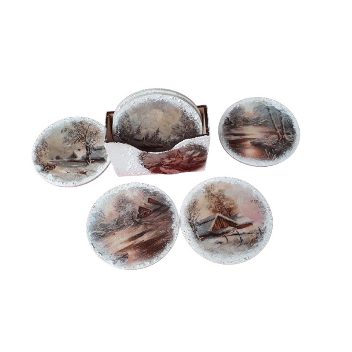 Suporturi pentru pahare – set 6 buc – decorate manual (peisaj iarna vintage)