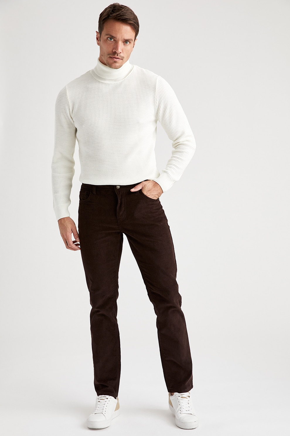 DeFacto, Pantaloni regular fit din reiat, Maro inchis