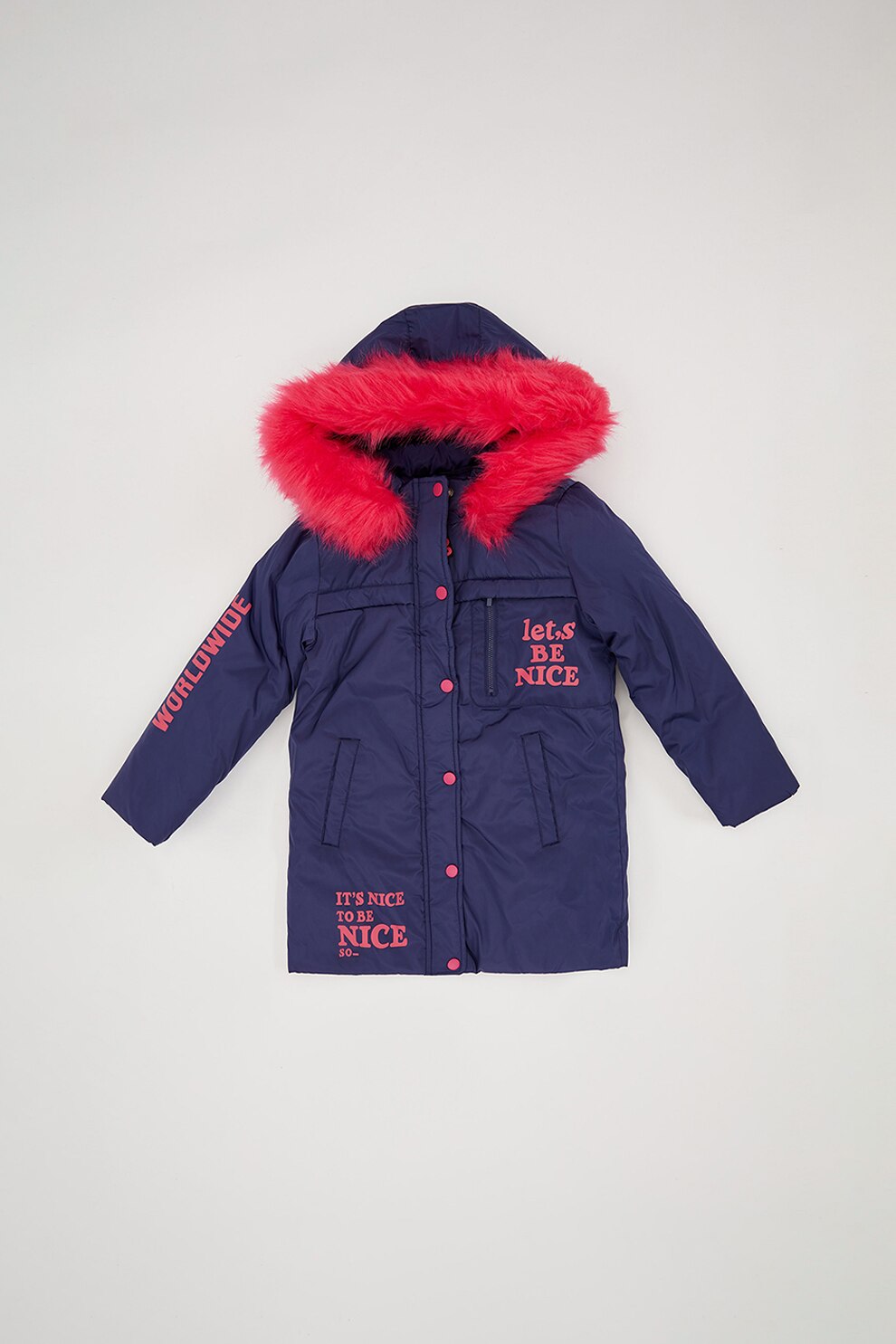 DeFacto, Geaca parka cu gluga si garnitura din blana sintetica, Albastru indigo/Roz aprins, 164-170 CM