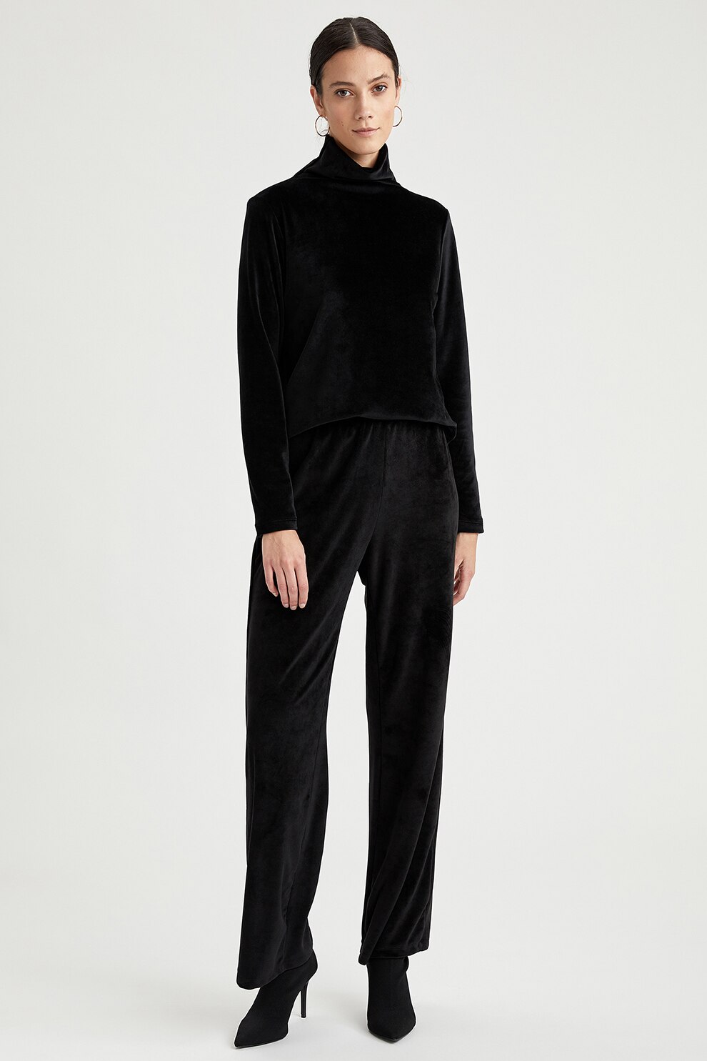 DeFacto, Bluza de catifea cu guler mediu, Negru