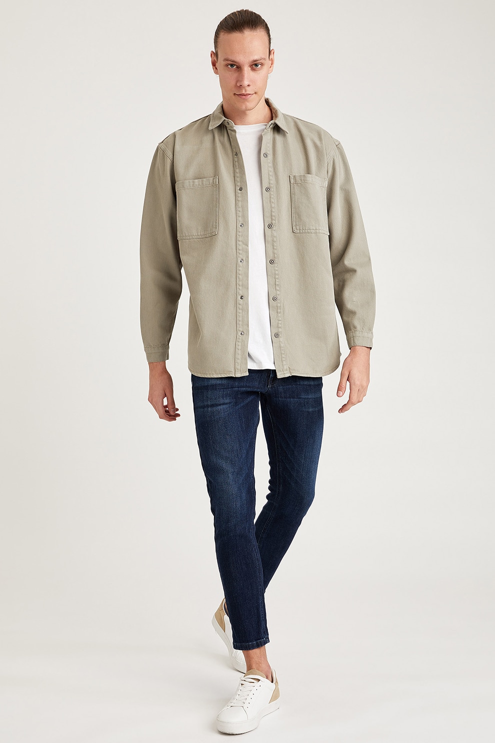 DeFacto, Camasa regular fit din denim cu buzunare pe piept, Verde fistic