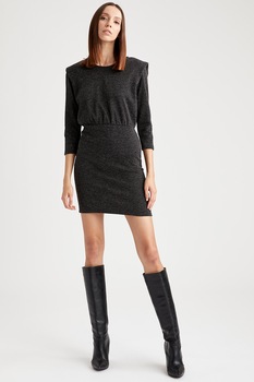 DeFacto, Rochie cambrata cu insertii de lurex, Negru melange DeFacto, Rochie cambrata cu insertii de lurex, Negru melange