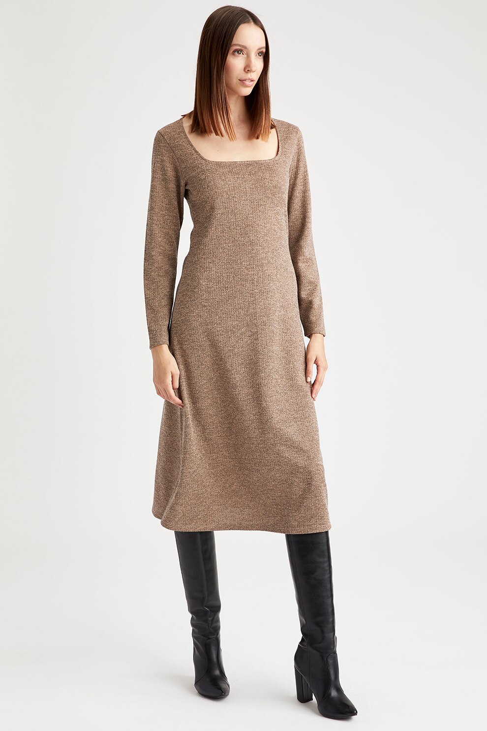 DeFacto, Rochie tricotata fin cu decolteu patrat, Oranj melannge inchis