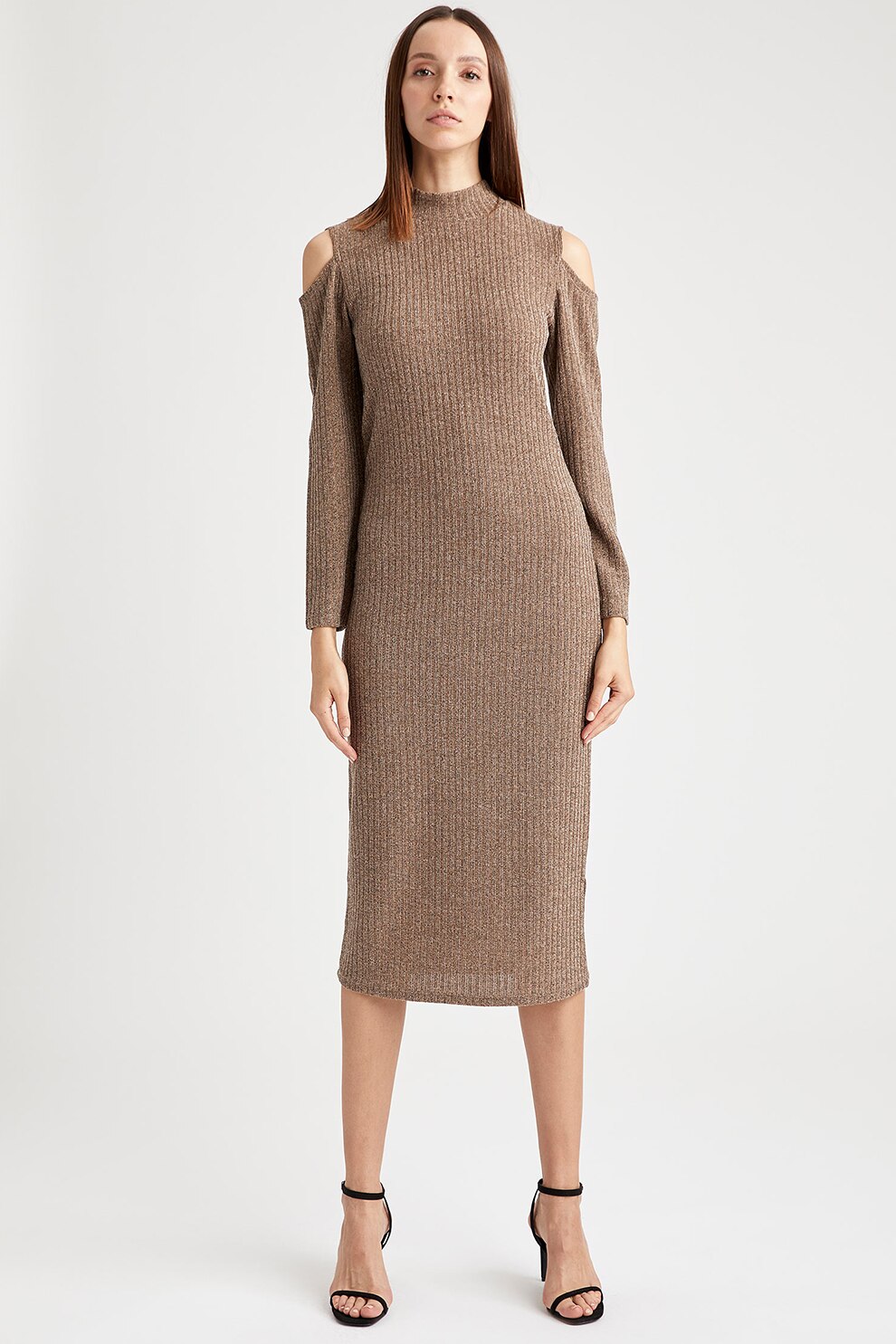 DeFacto, Rochie midi tricotata fin cu umeri decupati, Oranj melannge inchis