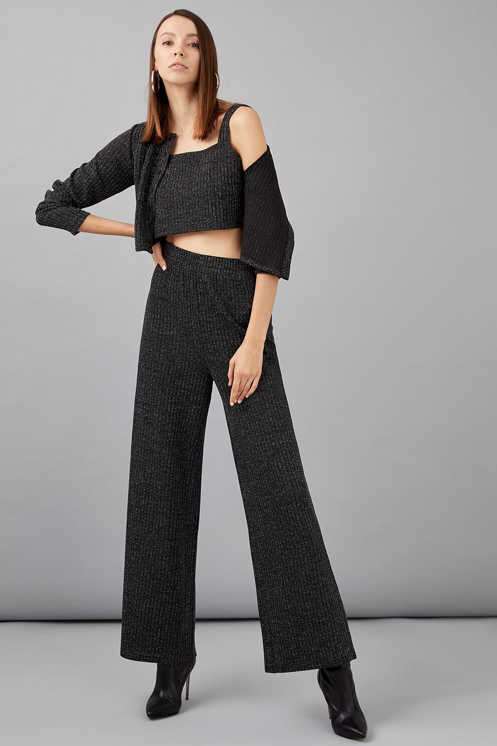 DeFacto, Pantaloni tricotati fin cu croiala ampla, Negru/Argintiu