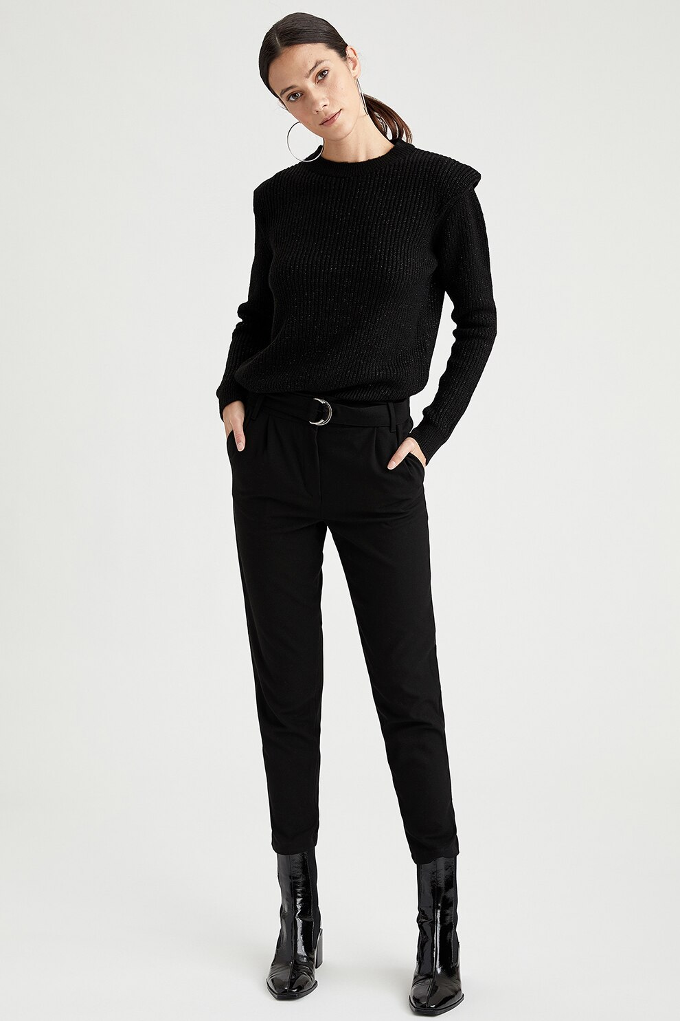 DeFacto, Pulover cu umeri dublati, Negru/Argintiu