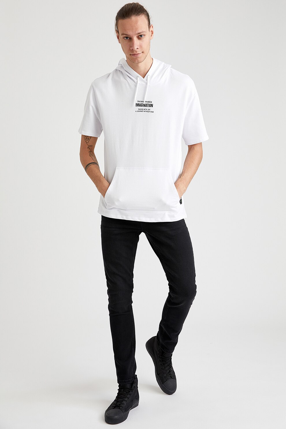 DeFacto, Bluza sport cu maneci scurte si gluga, Alb, M